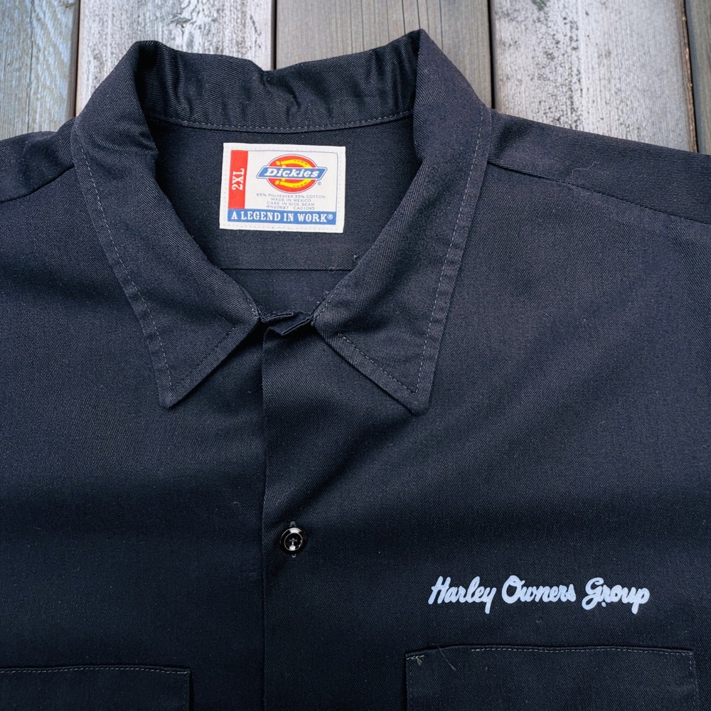 Vintage Dickies Harley Owners Group Mechanic Shirt Black 2XL 1574BK Short Sleeve